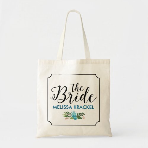 The Bride Modern Black Text Floral Accent Tote Bag