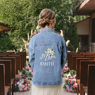 The Bride Mrs. White Lilies Floral Bouquet Denim Jacket