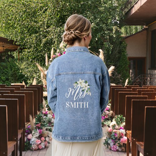 The Bride Mrs White Lilies Floral Bouquet Denim Jacket