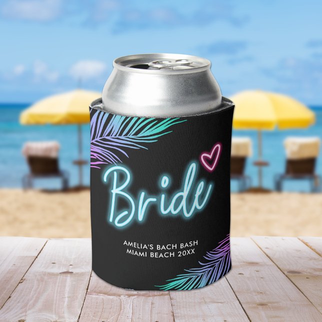 The Bride Neon Blue & Pink Tropical Bach Can Coole Can Cooler (Creator Uploaded)