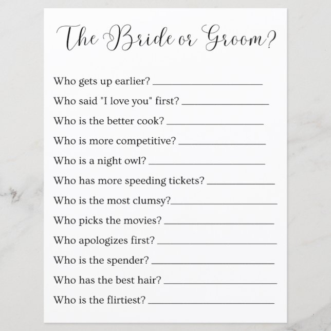 the bride or groom? bridal shower or wedding game (Front)