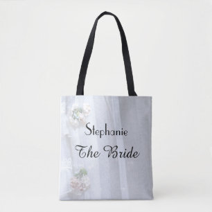 The Bride Personalized Faux Vintage Lace Name Tote Bag