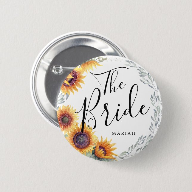 The Bride | Sunflower Florals Custom Name Wedding Button (Front & Back)