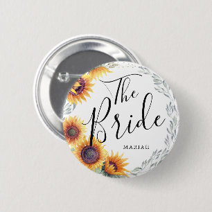 The Bride Sunflower Florals Custom Name Wedding Button