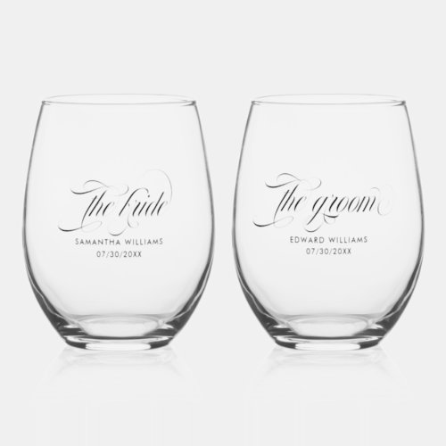 The bride The Groom Elegant Black Typography Stemless Wine Glass