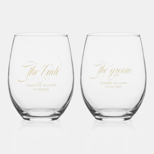 The bride The Groom Elegant Gold Script Typography Stemless Wine Glass