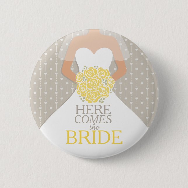 The Bride yellow rehearsal wedding pin button (Front)