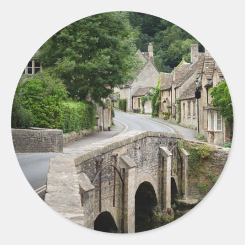 The bridge in Castle Combe UK round sticker