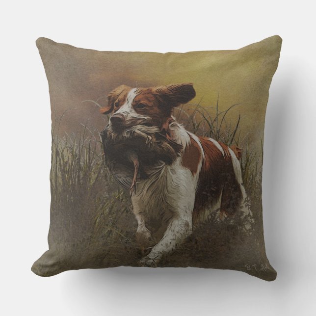 The Brittany spaniel    Ceramic Tile Beverage Coas Throw Pillow (Front)