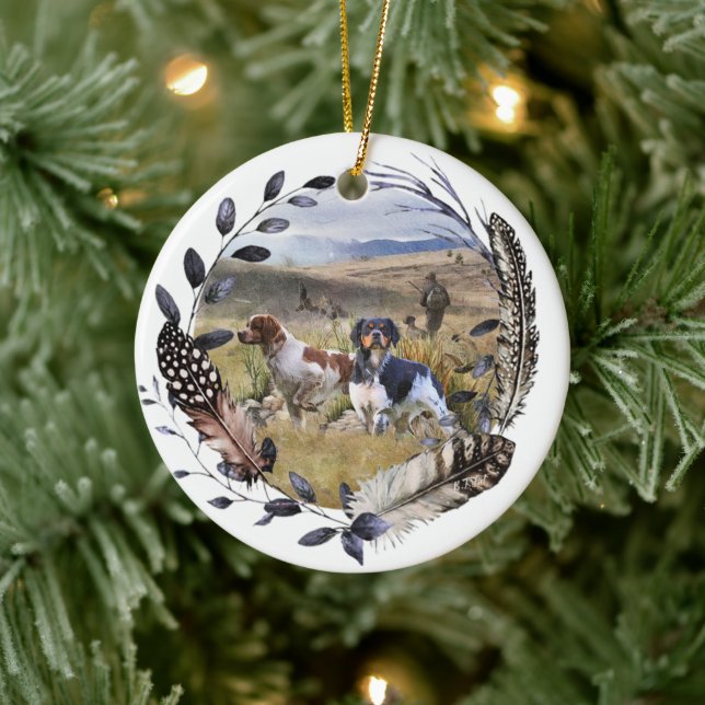 The Brittany Spaniels,  French Brittany, Bird dog, Ceramic Ornament (Tree)