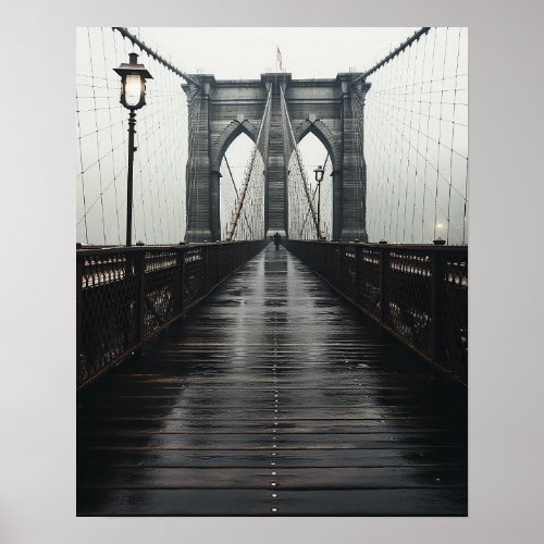 The Brooklyn Bridge in black and white in the mist Poster