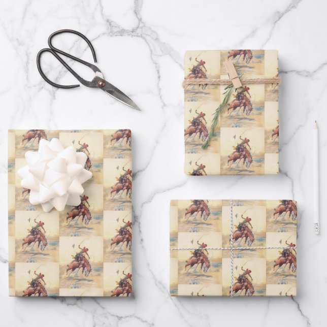 The Bucker Cowboy Breaking A Horse On The Range Wrapping Paper Sheets (Front)