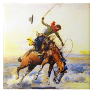 “The Bucker” Western Art by Charles M Russell Ceramic Tile