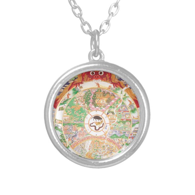 The Buddhist Wheel of Life Silver Plated Necklace (Front)