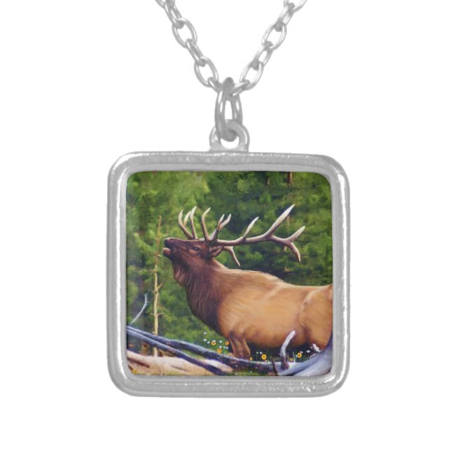 The Bugler Elk Bull Silver Plated Necklace (Front)