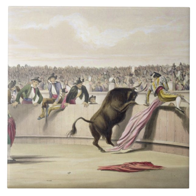 The Bull Leaping the Barriers, 1865 (colour litho) Ceramic Tile (Front)