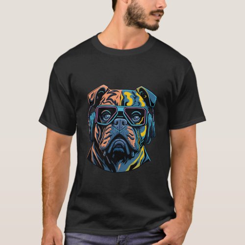 The bulldog looks so cool wearing headphones T_Shirt