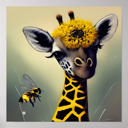 The Bumble Giraffe Whimsical Digital Art Poster
