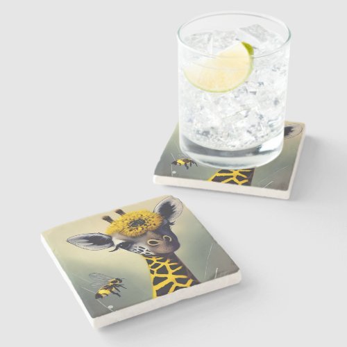 The Bumble Giraffe Whimsical Digital Art  Stone Coaster
