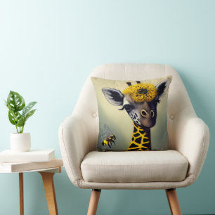 The Bumble Giraffe Whimsical Digital Art Throw Pillow