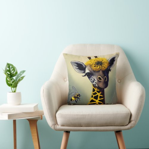 The Bumble Giraffe Whimsical Digital Art  Throw Pillow
