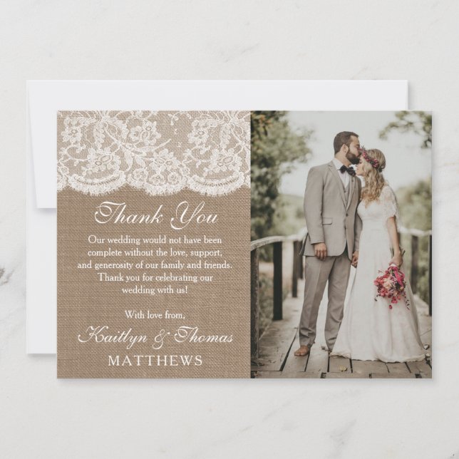 The Burlap & Lace Wedding Collection Photo Thank You Card (Front)