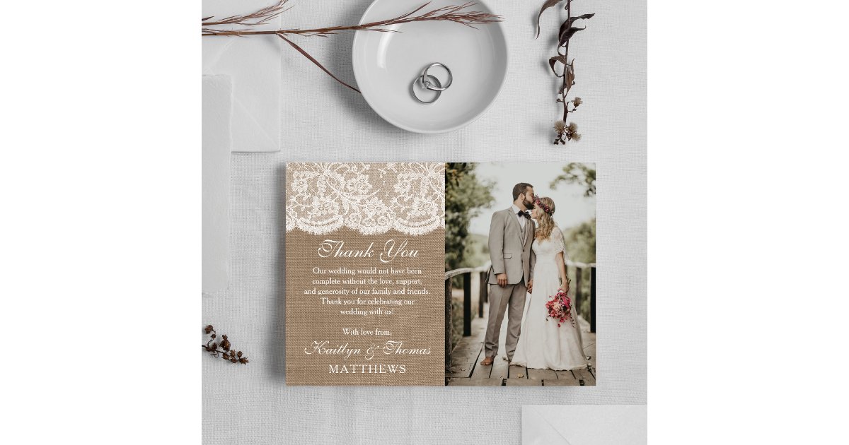 The Burlap & Lace Wedding Collection Photo Thank You Card | Zazzle