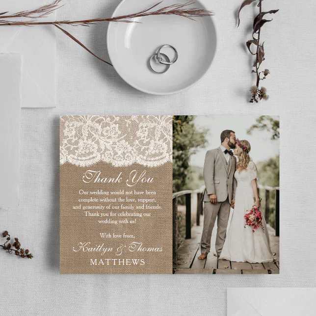 The Burlap & Lace Wedding Collection Photo Thank You Card | Zazzle