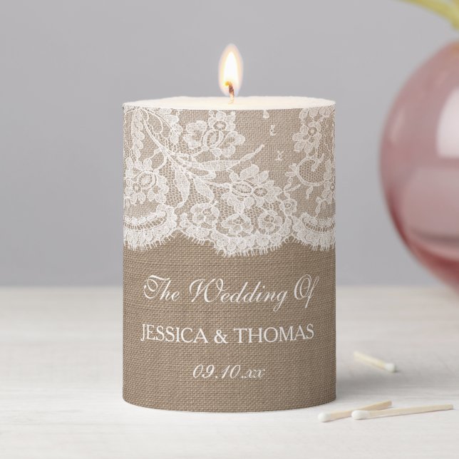The Burlap & Lace Wedding Collection Pillar Candle (In Situ)