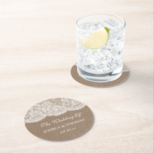 The Burlap  Lace Wedding Collection Round Paper Coaster