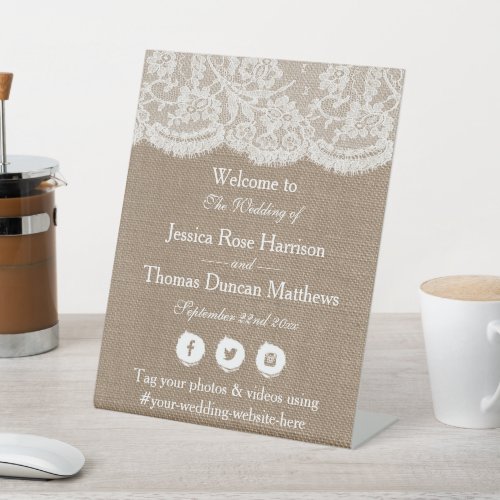 The Burlap  Lace Wedding Collection Welcome Pedestal Sign