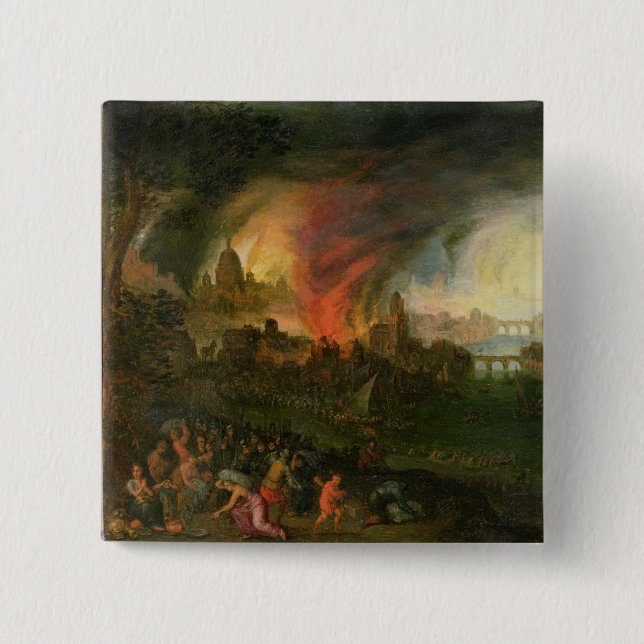 The Burning of Troy (oil on copper) Button (Front)