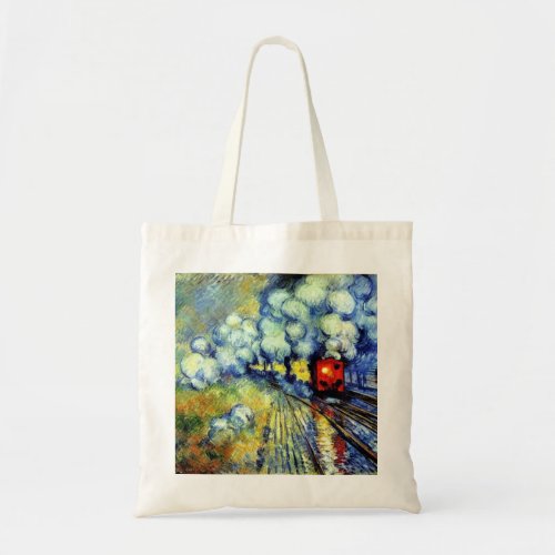 The burning train in storm tote bag