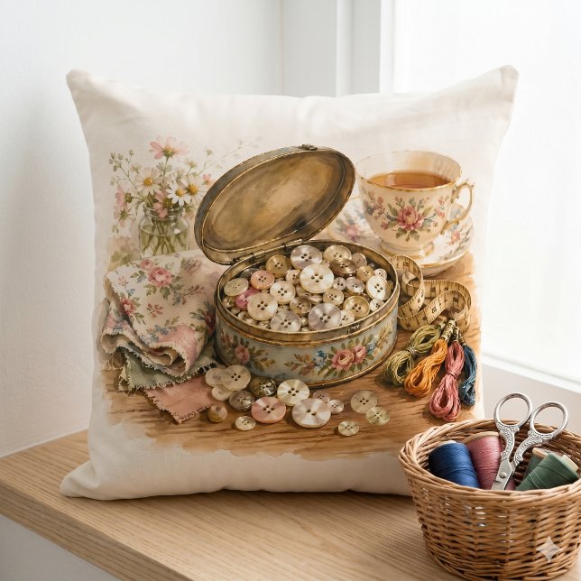 The Button Tin Throw Pillow (The Button Tin Throw Pillow)