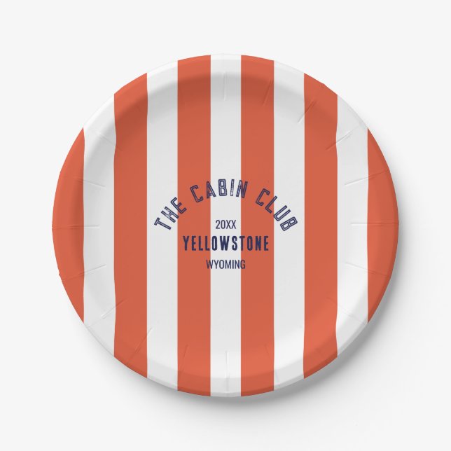 The Cabin Club Custom Crest Red Park Stripe Paper Plates (Front)