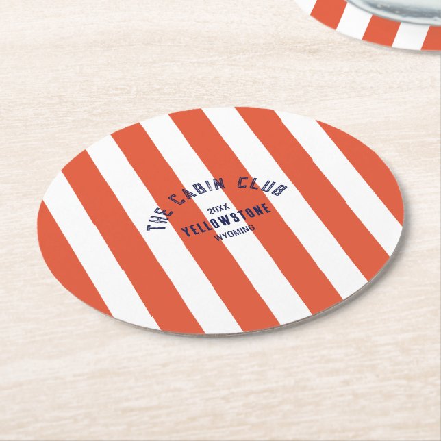The Cabin Club Custom Crest Red Park Stripe Round Paper Coaster (Angled)