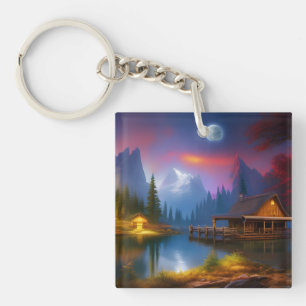 The Cabin in the Cove under the Moon Keychain