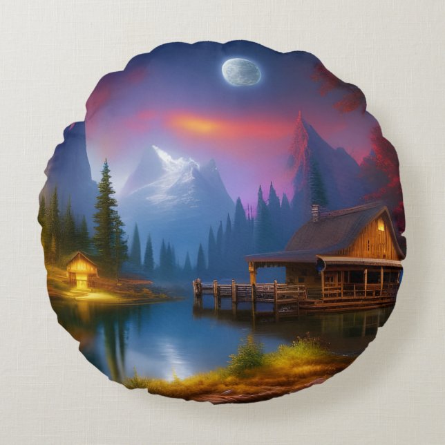 The Cabin in the Cove under the Moon  Round Pillow (Front)