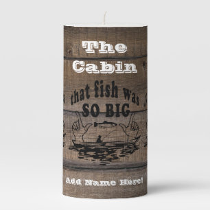 The Cabin Rustic Wood Fishing Logo Pillar Candle