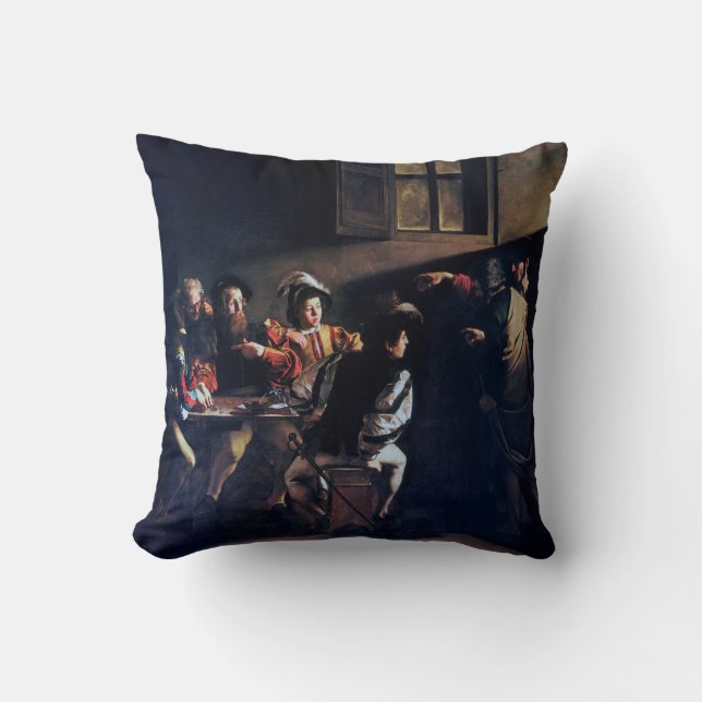 The Calling of Saint Matthew, Caravaggio Throw Pillow (Front)