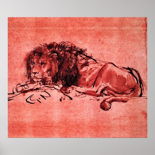 THE CAPE LION LYING DOWN by Rembrandt Red Black Poster