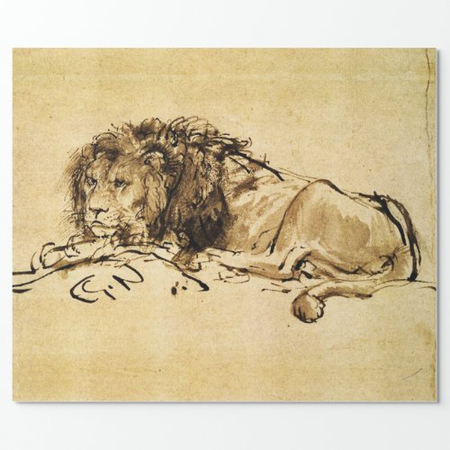 THE CAPE LION LYING DOWN by Rembrandt SepiaBlack Wrapping Paper
