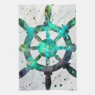 The Captain's Wheel In Blue Green Ocean Colors Kitchen Towel