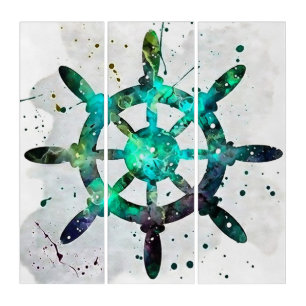 The Captains Wheel In Blue Green Ocean Colors Triptych