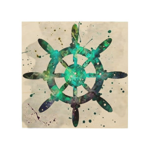 The Captains Wheel In Blue Green Ocean Colors Wood Wall Art