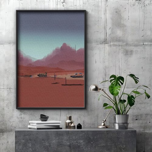 The car is parked in desert mountains landscape poster