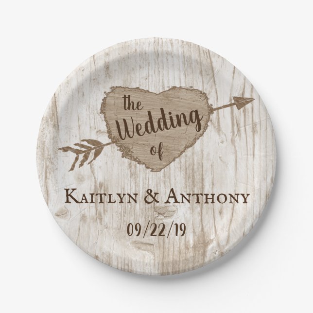 The Carved Heart Tree Wedding Collection Paper Plates (Front)