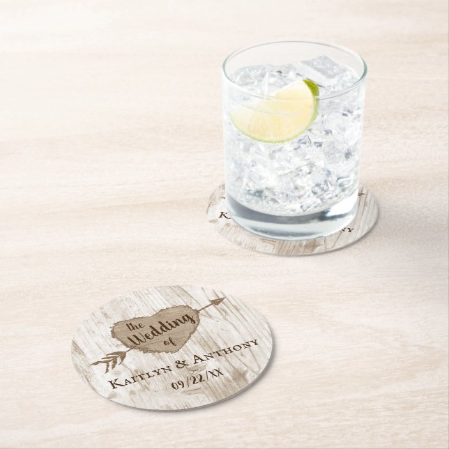 The Carved Heart Tree Wedding Collection Round Paper Coaster (Insitu)
