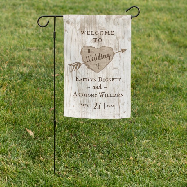 The Carved Heart Tree Wedding Collection Welcome Garden Flag (In SItu)