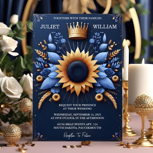 The Castle Luxury Fuchsia Crown Royal Blue Wedding Invitation